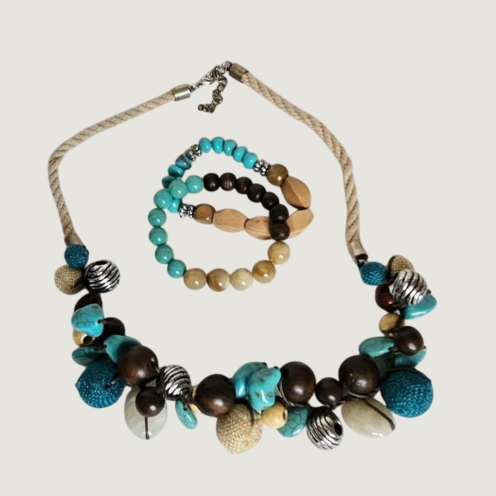 Bohemian Chunky Wood and Turquoise Beaded Necklace Stretchy Beaded Bracelets Set